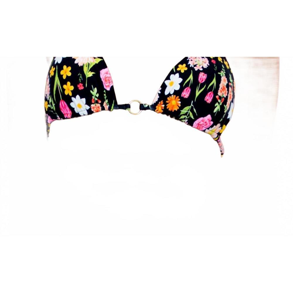 Luli Fama Black Floral String Bikini Set with Pink, Yellow & Orange Flowers - Picture 2 of 3